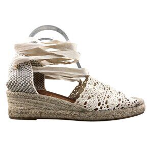 Dalson SPAIN Women's Size 9 Cream Tan Crochet Ankle Wrap Low Wedge Espadrilles